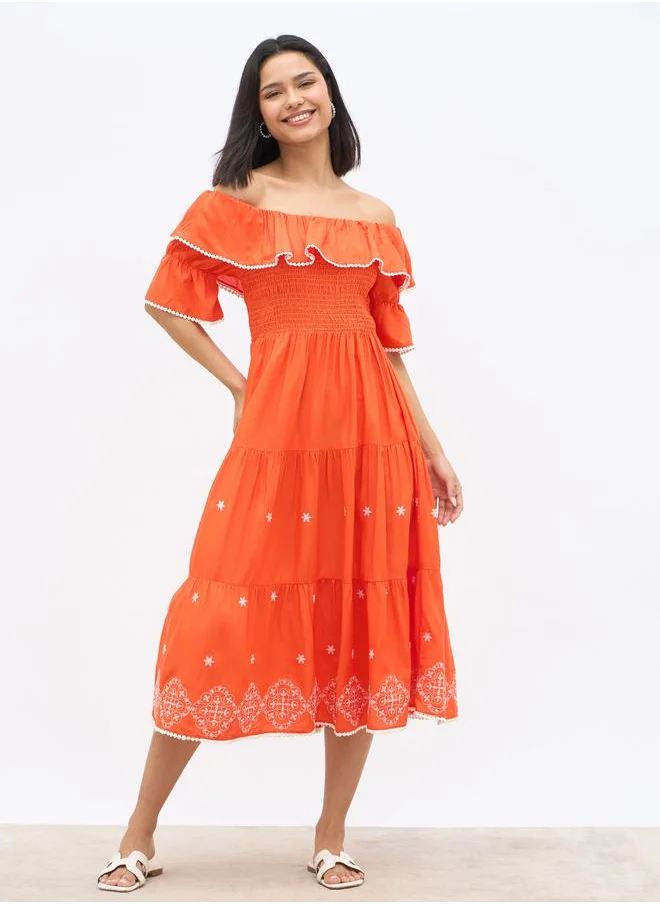 ستايلي Styli Embroidered Smocked Off-Shoulder Tiered Midi Dress