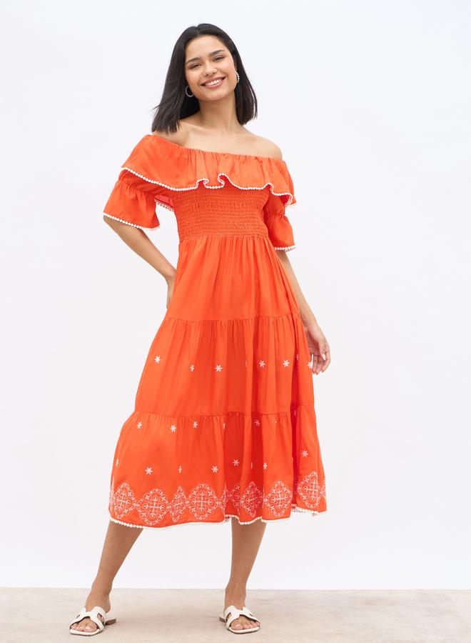 Styli Embroidered Smocked Off-Shoulder Tiered Midi Dress - Image 2
