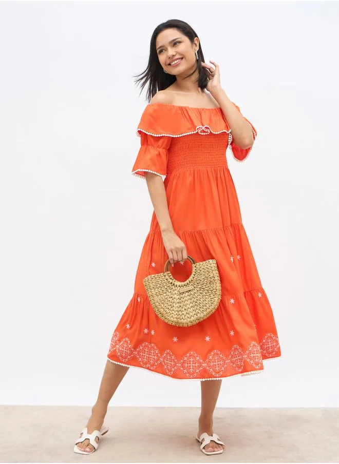 ستايلي Styli Embroidered Smocked Off-Shoulder Tiered Midi Dress