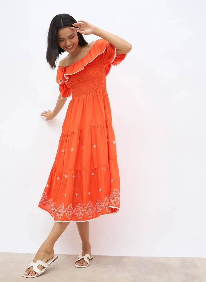 Styli Styli Embroidered Smocked Off-Shoulder Tiered Midi Dress