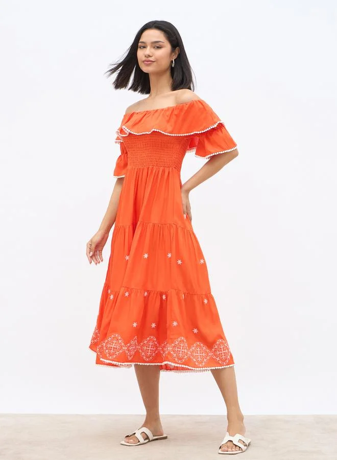 Styli Styli Embroidered Smocked Off-Shoulder Tiered Midi Dress
