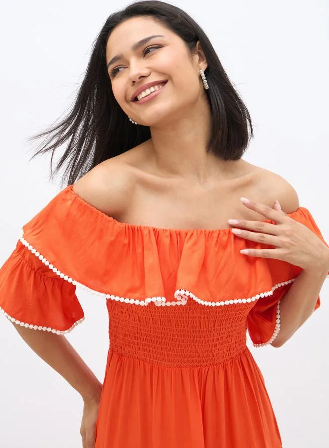 Styli Styli Embroidered Smocked Off-Shoulder Tiered Midi Dress