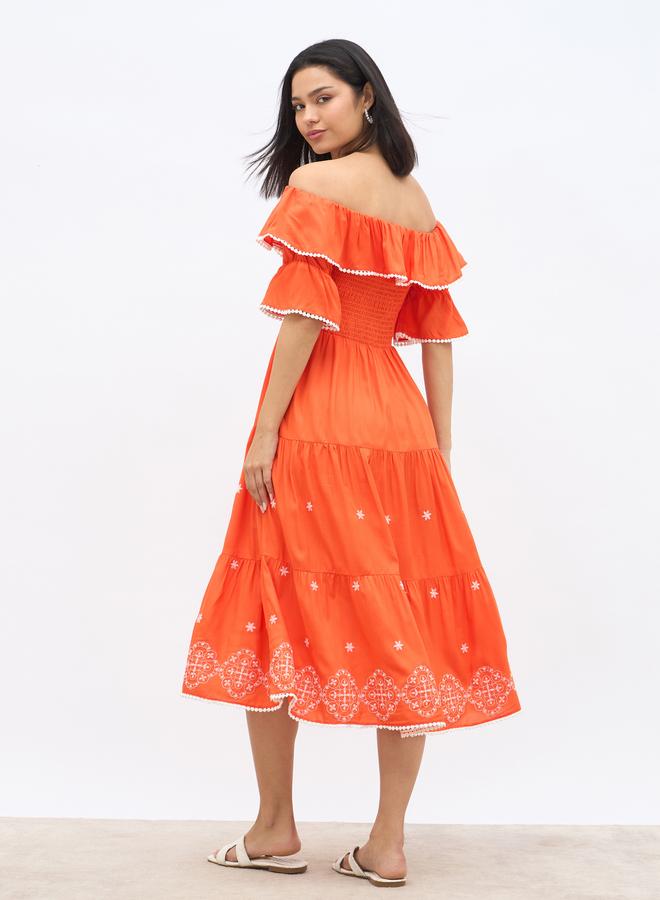 Styli Embroidered Smocked Off-Shoulder Tiered Midi Dress - Image 5