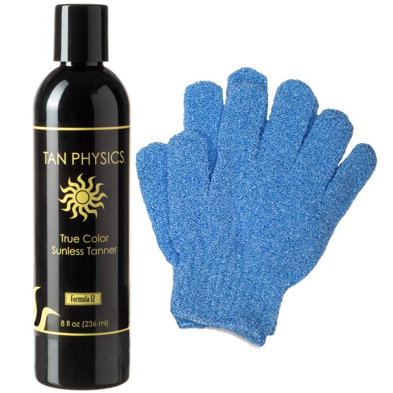 Tan Physics Tan Physics Sunless Tanner 8oz with Exfoliation Gloves  Self Tanning Lotion  Instant Tanning Lotion for Face  Body  Natural Self Tanner for a StreakFree LongLasting Glow 