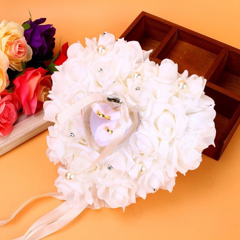 Black Heart Ring Pillow for Wedding Ceremony with Pearl Beads Rose Floral - Satin Ring Bearer Cushion Display Stand for Bridal Party Decorative Gift - Image 5