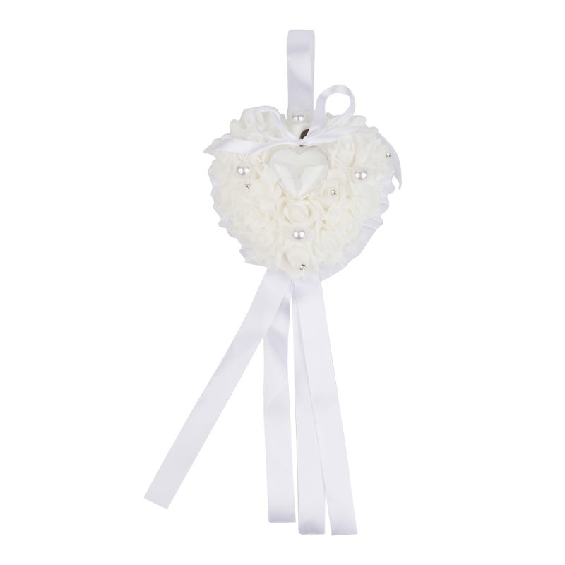 Black Heart Ring Pillow for Wedding Ceremony with Pearl Beads Rose Floral - Satin Ring Bearer Cushion Display Stand for Bridal Party Decorative Gift - Image 1