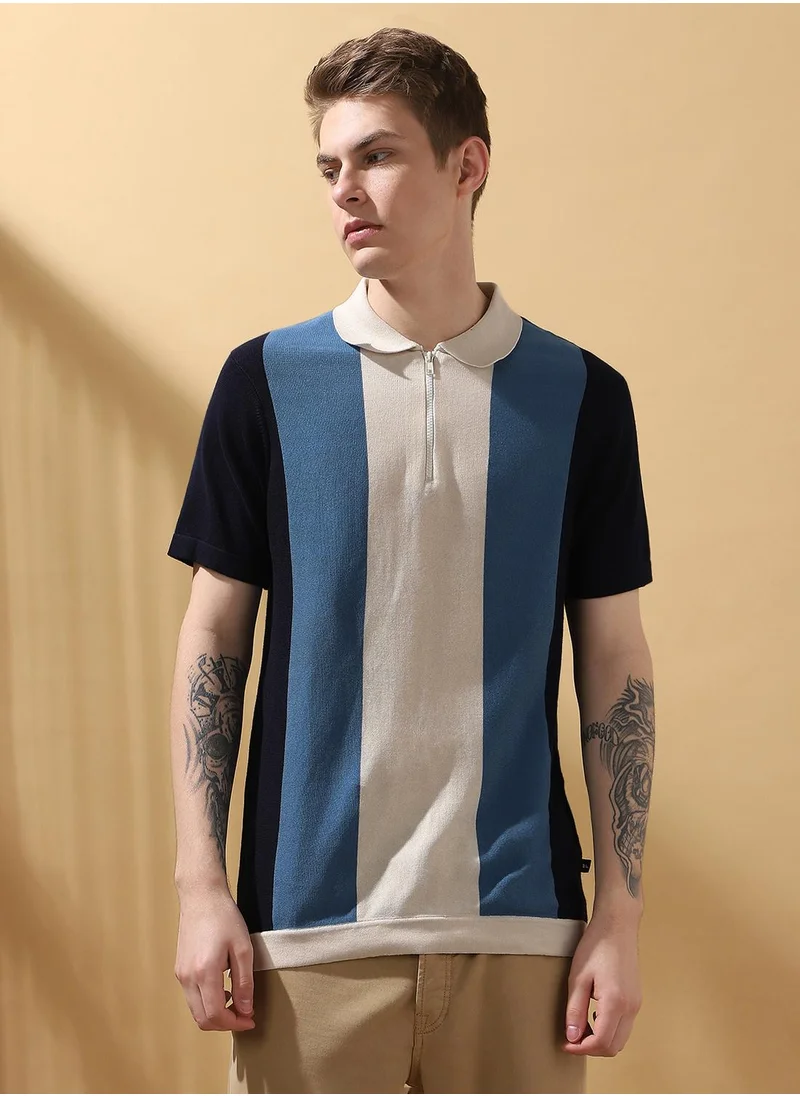 Dennis Lingo Men's Navy 100% Cotton Striped Regular Fit T-Shirt