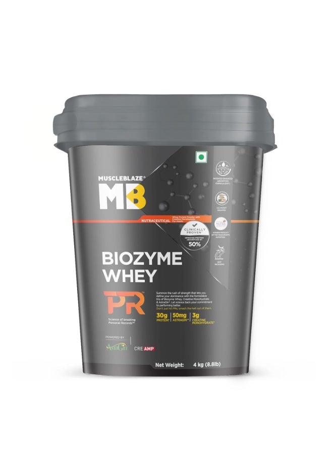 مسل بلايز MuscleBlaze Biozyme Whey Protein PR - بروتين مصل اللبن المعزز بـ 30 جم بروتين، و3 جم كرياتين مونوهيدرات، و50 ملغ AstraGin® (نكهة شوكولاتة الفادج، 4 كجم / 8.8 رطل) | حاصل على شهادة Trustified Gold - Image 1