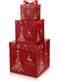 3 Pcs Christmas Nesting Gift Boxes with Lid Nesting Boxes Xmas Boxes for Gifts Red Christmas Tree Gift Wrap Boxes for Christmas Thanksgiving New Year Wrapping Presents and Decorations (Gold Trees)