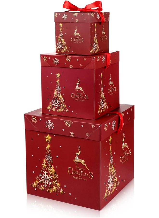 Bluejw - 3 Pcs Christmas Nesting Gift Boxes with Lid Nesting Boxes Xmas Boxes for Gifts Red Christmas Tree Gift Wrap Boxes for Christmas Thanksgiving New Year Wrapping Presents and Decorations (Gold Trees) - Image 1