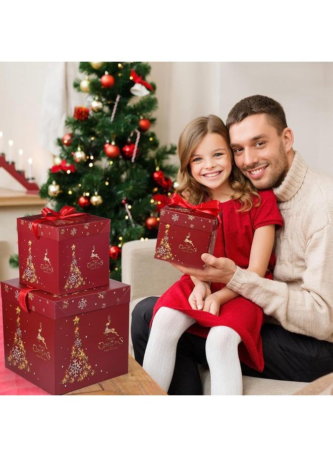 Bluejw - 3 Pcs Christmas Nesting Gift Boxes with Lid Nesting Boxes Xmas Boxes for Gifts Red Christmas Tree Gift Wrap Boxes for Christmas Thanksgiving New Year Wrapping Presents and Decorations (Gold Trees) - Image 1