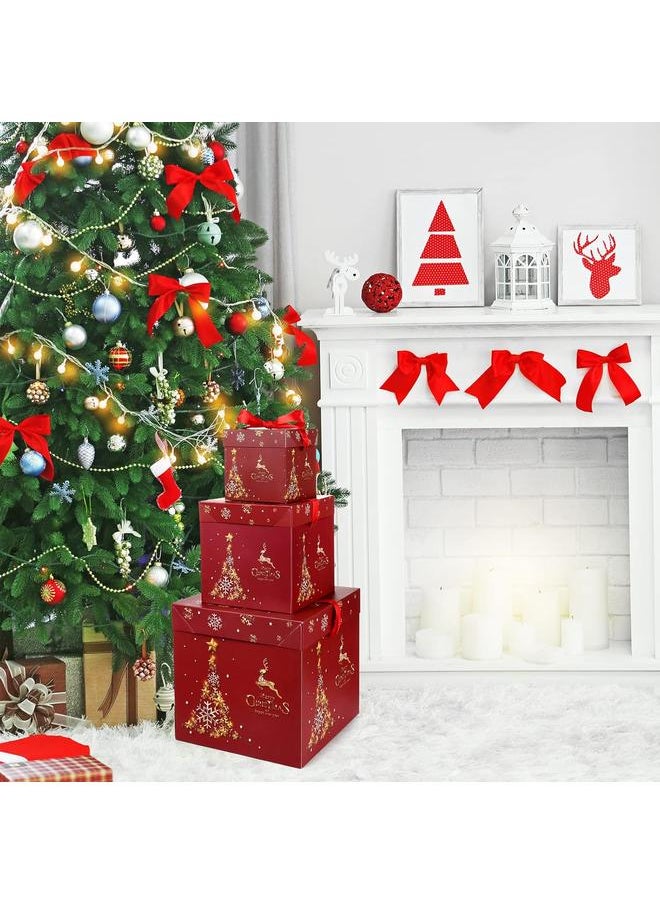 Bluejw - 3 Pcs Christmas Nesting Gift Boxes with Lid Nesting Boxes Xmas Boxes for Gifts Red Christmas Tree Gift Wrap Boxes for Christmas Thanksgiving New Year Wrapping Presents and Decorations (Gold Trees) - Image 1