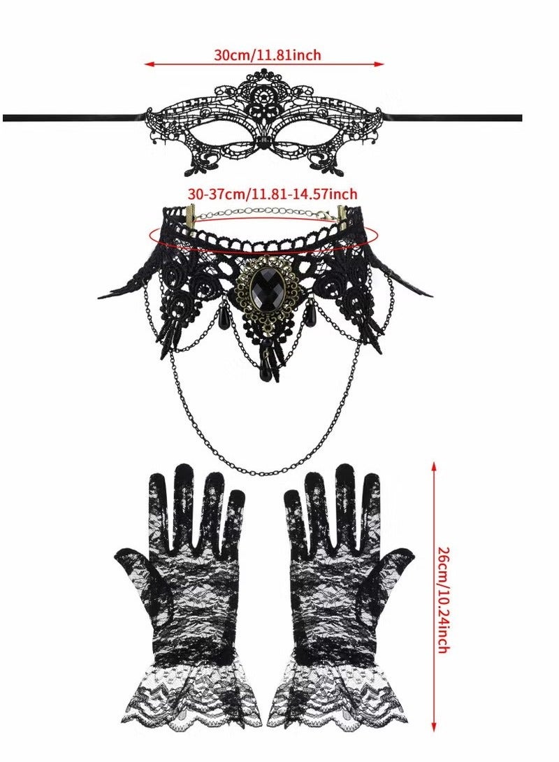 Venetian Masquerade Masks, Costume Set, Mask Black Choker Lace Necklace Pattern Gloves for Women  - Image 3