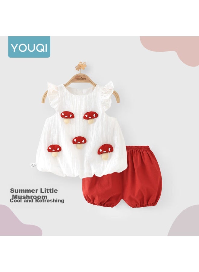 Youqi Yooqi Baby Girl Short Sleeve Set Summer Thin Children's Stylish Sleeveless Top Girls Shorts Set Two-piece Set - Image 1