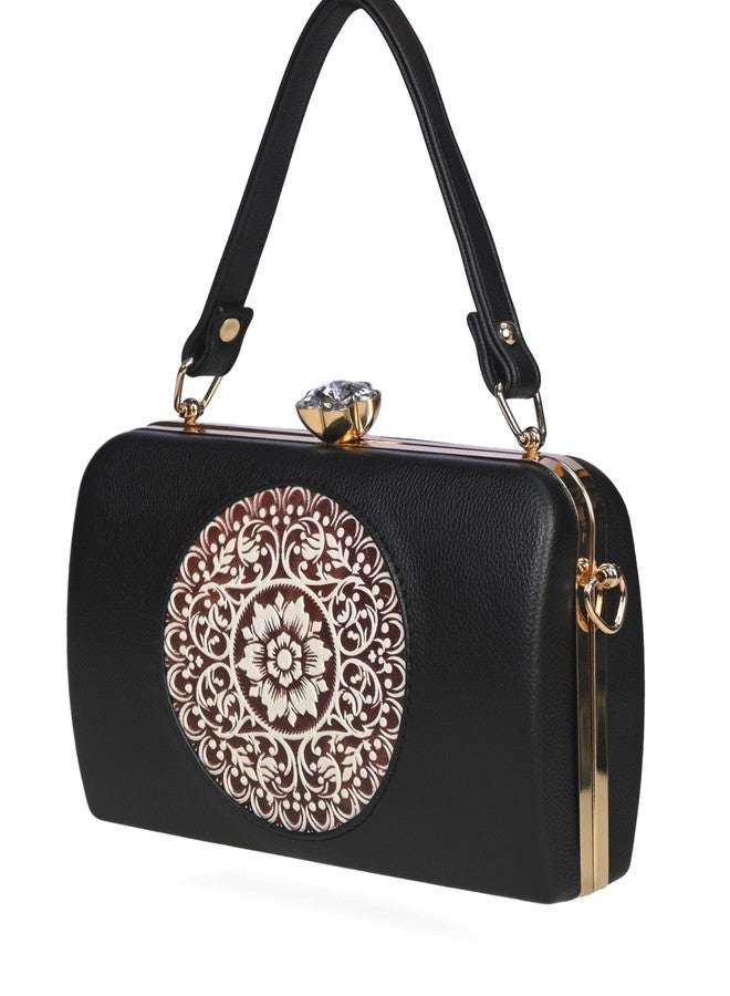 JI ACCESSORIES Elegant Vintage-Inspired Handbag with Intricate Golden Floral Mandala Embossing, Premium Finishing, and - Perfect for Parties, Weddings & Special Occasions (BLACK) - Image 2