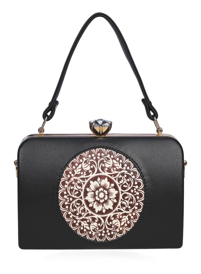 JI ACCESSORIES Elegant Vintage-Inspired Handbag with Intricate Golden Floral Mandala Embossing, Premium Finishing, and - Perfect for Parties, Weddings & Special Occasions (BLACK) - Image 1