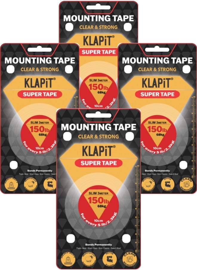 كلابيت - KLAPiT SUPER TAPE شريط مزدوج الجوانب شريط تركيب شديد التحمل يحمل 150 رطلا أو 68 كجم من الوزن باستخدام تقنية النانو المحسنة. شريط شفاف للجدران والخشب والبلاط والحجر والزجاج والمعادن والاكريليك - Image 1