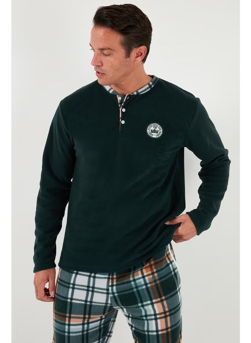 Buratti Plaid Regular Fit Buttoned Crew Neck Winter Fleece Pajama Set Men's Pajama Set 60961008 - Image 2