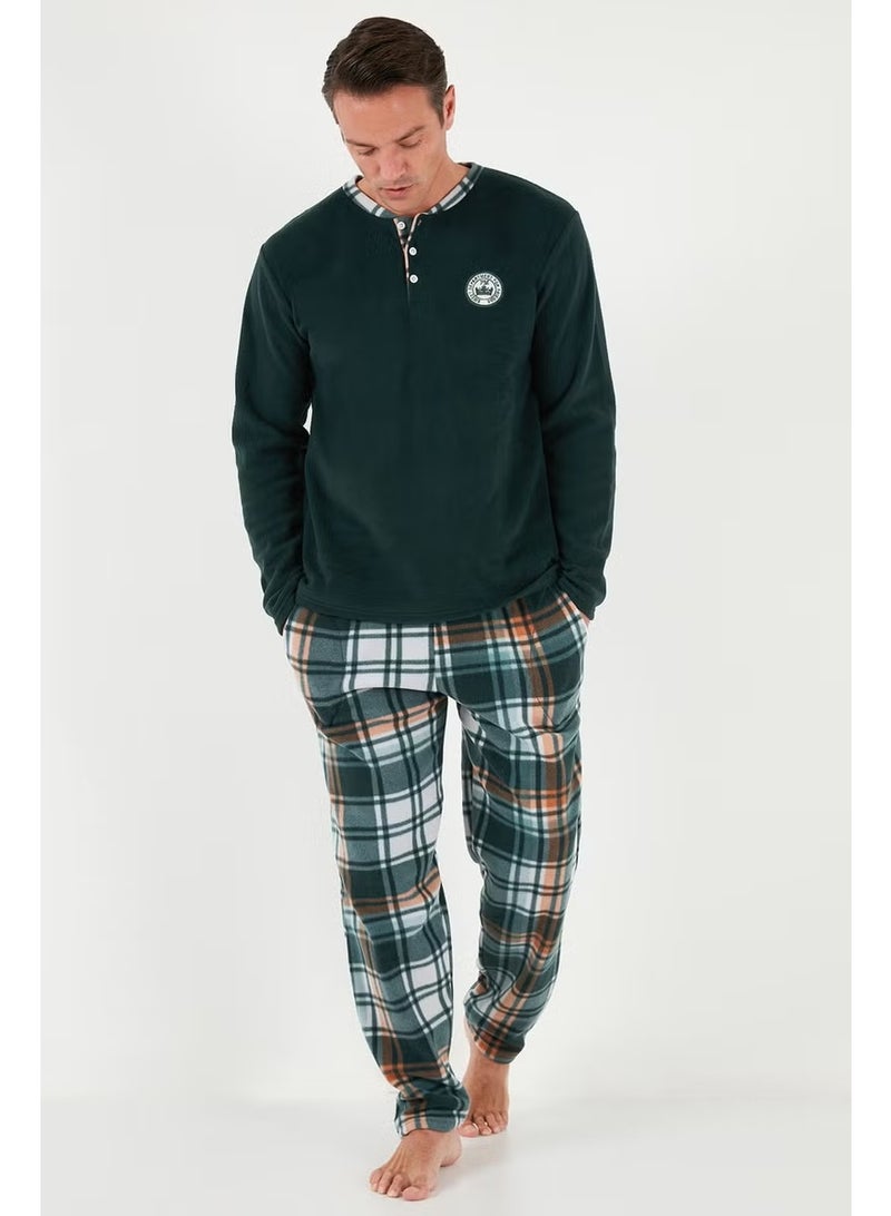 Buratti Plaid Regular Fit Buttoned Crew Neck Winter Fleece Pajama Set Men's Pajama Set 60961008 - Image 3