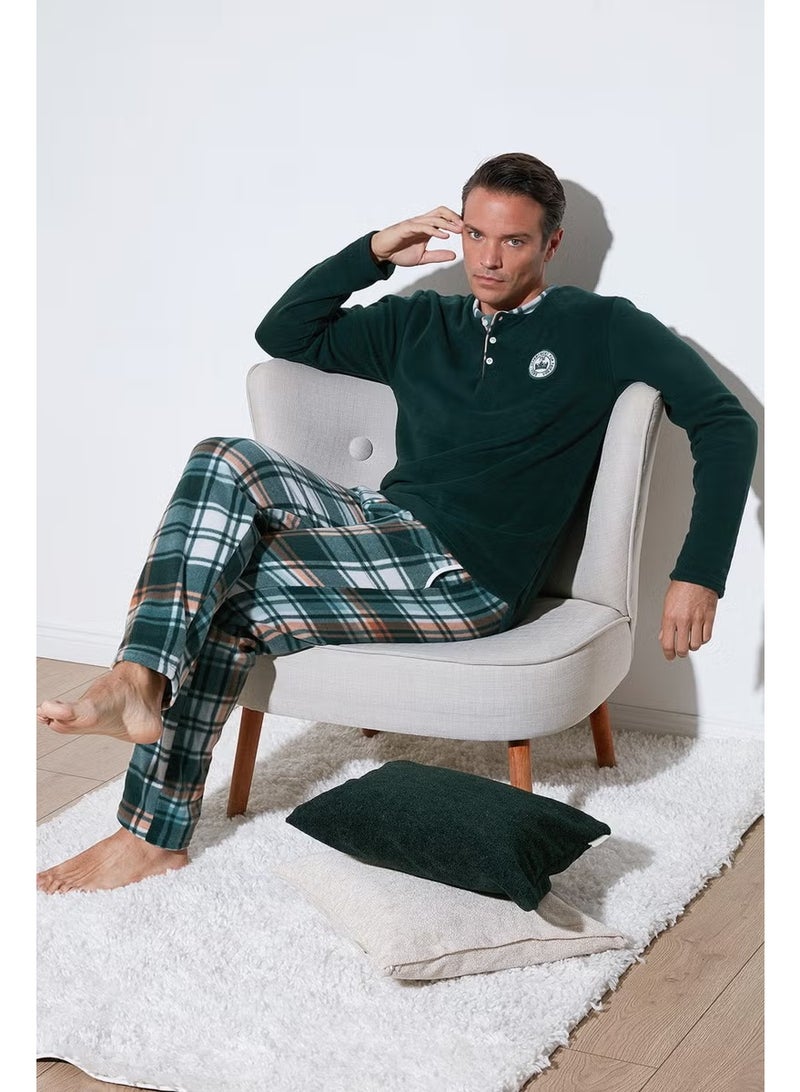 Buratti Plaid Regular Fit Buttoned Crew Neck Winter Fleece Pajama Set Men's Pajama Set 60961008 - Image 1