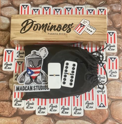 PRK 14 Puerto Rico Dominoes Set Travel Bag No Wood Box Puerto Rican Domino Set Boricua Style Accessories Double six Large Adult Size Dominos with Puerto Rico Flags - Image 1