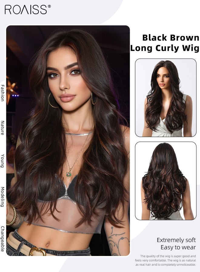 رويس باروكة شعر مستعار طويل مجعد أسود بني، للنساء، بفراق من المنتصف، مصنوعة من شعر صناعي طبيعي ناعم ومقاوم للحرارة، مناسبة لحفلات الزفاف والتنكر والارتداء اليومي، 66 سم (26 بوصة) - Image 1