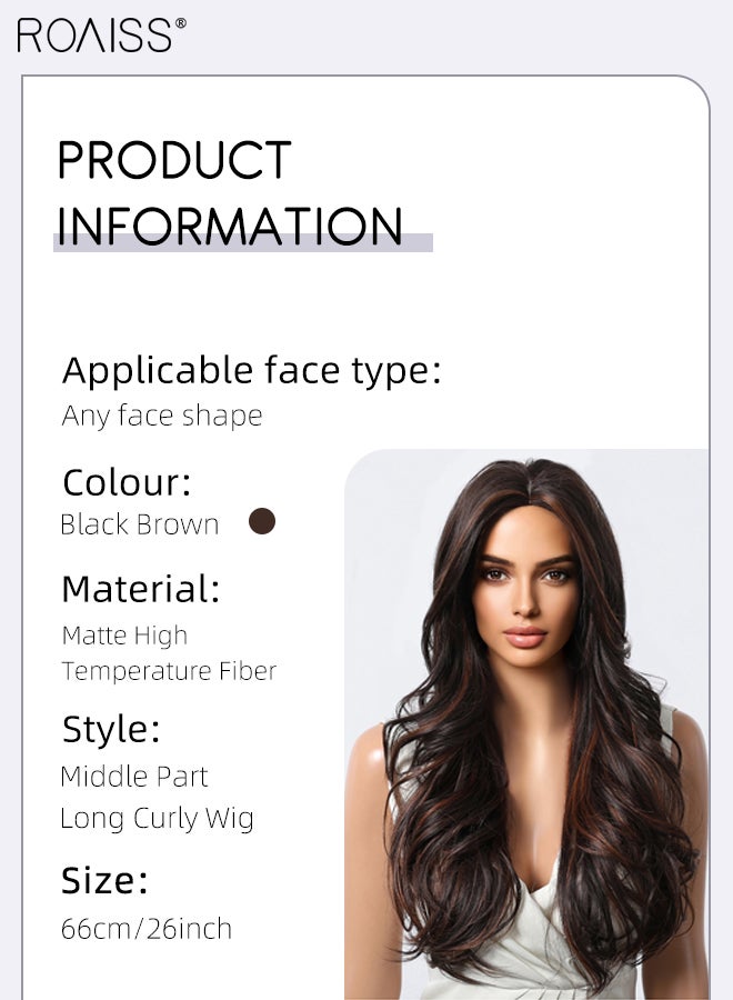 رويس باروكة شعر مستعار طويل مجعد أسود بني، للنساء، بفراق من المنتصف، مصنوعة من شعر صناعي طبيعي ناعم ومقاوم للحرارة، مناسبة لحفلات الزفاف والتنكر والارتداء اليومي، 66 سم (26 بوصة) - Image 3