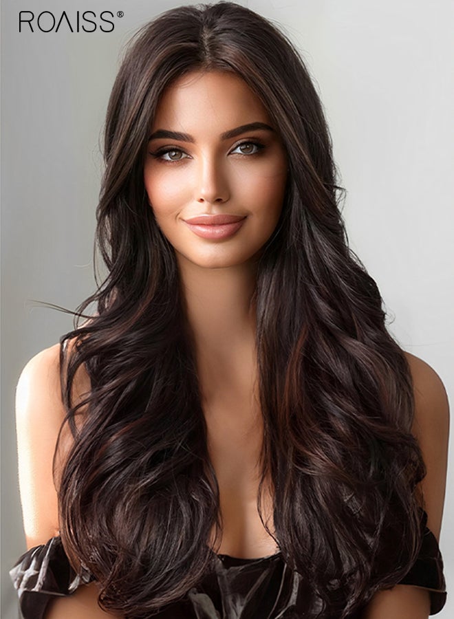 رويس باروكة شعر مستعار طويل مجعد أسود بني، للنساء، بفراق من المنتصف، مصنوعة من شعر صناعي طبيعي ناعم ومقاوم للحرارة، مناسبة لحفلات الزفاف والتنكر والارتداء اليومي، 66 سم (26 بوصة) - Image 4