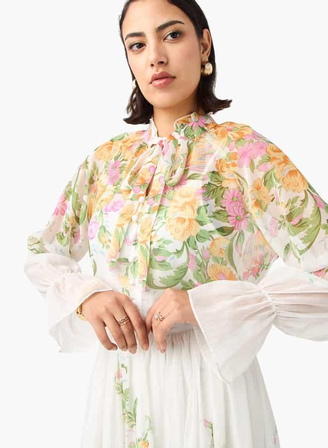 2Xtremz Floral Print Top with Pussy Bow Neck and Poet Sleeves - Image 4