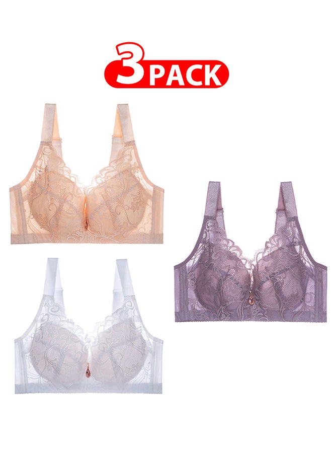 MARGOUN 3 Pack For Women's Large Size Lace Bra Wide Straps Wireless Bralettes with Full Cup Pads Bras for Ladys Women 40/90 Purple/ White/ Beige - Image 1