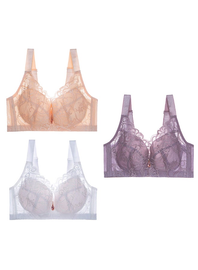 MARGOUN 3 Pack For Women's Large Size Lace Bra Wide Straps Wireless Bralettes with Full Cup Pads Bras for Ladys Women 40/90 Purple/ White/ Beige - Image 2