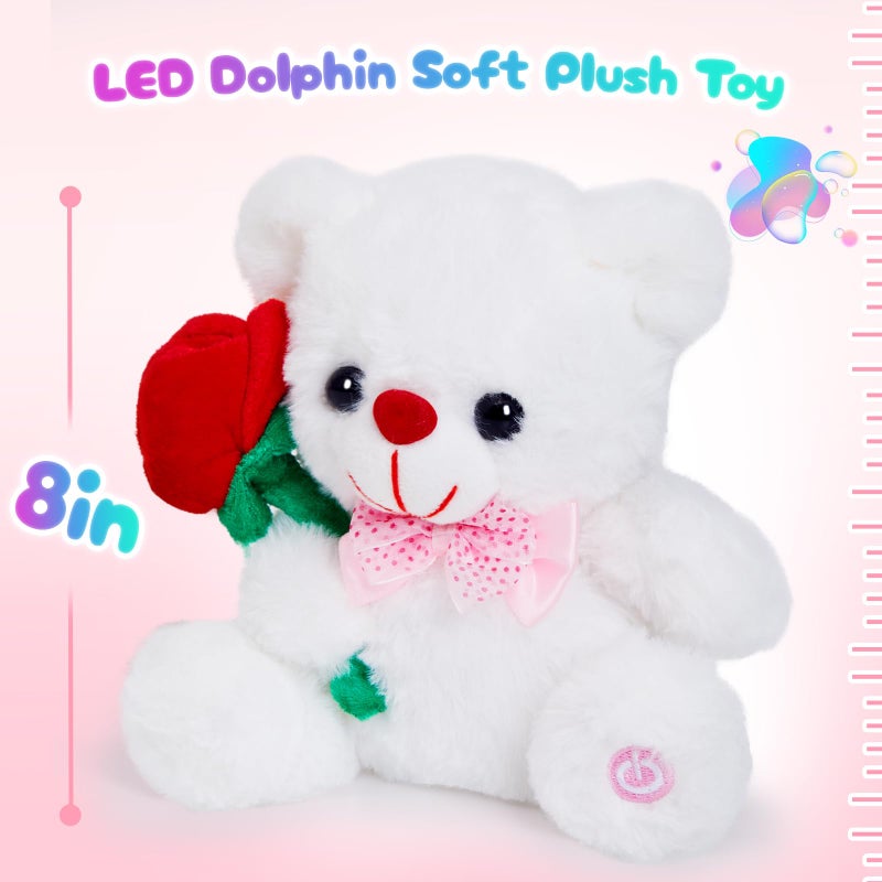 BSTAOFY Light up White Teddy Bear LED Stuffed Animal with Rose Soft Nightlight Glow Bear Plush Toy Gifts for Kids Mom Girls Birthday Christmas Valentineâ€˜s Day, 8" (Red) - Image 2