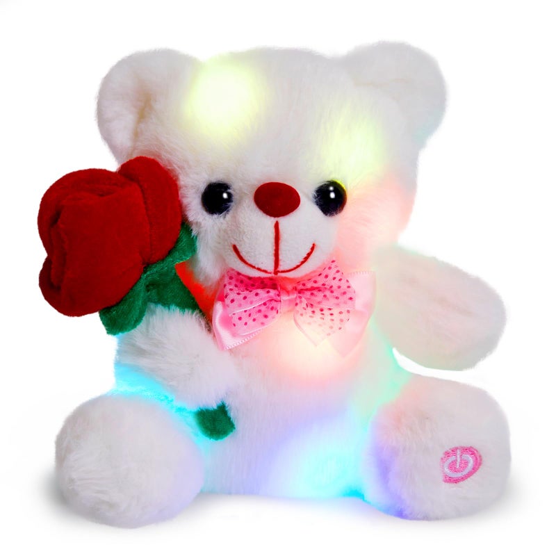 BSTAOFY Light up White Teddy Bear LED Stuffed Animal with Rose Soft Nightlight Glow Bear Plush Toy Gifts for Kids Mom Girls Birthday Christmas Valentineâ€˜s Day, 8" (Red) - Image 1