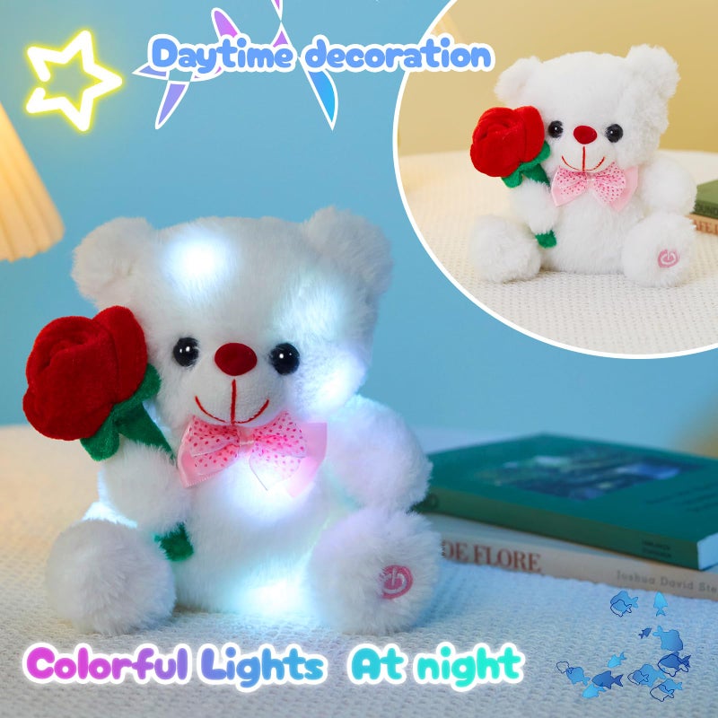 BSTAOFY Light up White Teddy Bear LED Stuffed Animal with Rose Soft Nightlight Glow Bear Plush Toy Gifts for Kids Mom Girls Birthday Christmas Valentineâ€˜s Day, 8" (Red) - Image 3