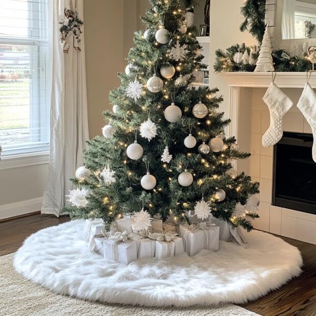 AOGU 48 Inch Faux Fur Christmas Tree Skirt White Plush Skirt for Merry Christmas Party Christmas Tree Decoration - Image 2