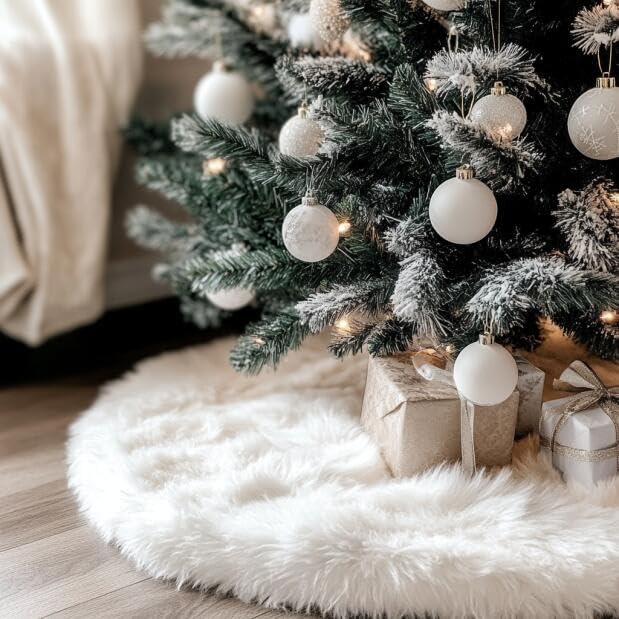 AOGU 48 Inch Faux Fur Christmas Tree Skirt White Plush Skirt for Merry Christmas Party Christmas Tree Decoration - Image 3