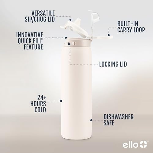 Ello Pop & Fill 22oz Stainless Steel Water Bottle with Quick Fill Technology, Double Walled and Vacuum Insulated Metal, Leak Proof Locking Lid, Sip and Chug, Reusable, BPA Free, Tonal Cream - Image 3
