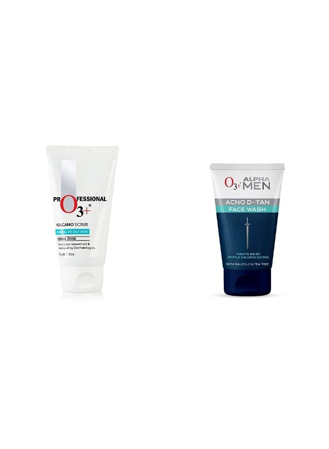 O3+ Volcano Scrub (50G) & O3+ ALPHA MEN Acno D-TAN Face Wash with Tea Tree 100g for Oily Skin Combo - Image 1