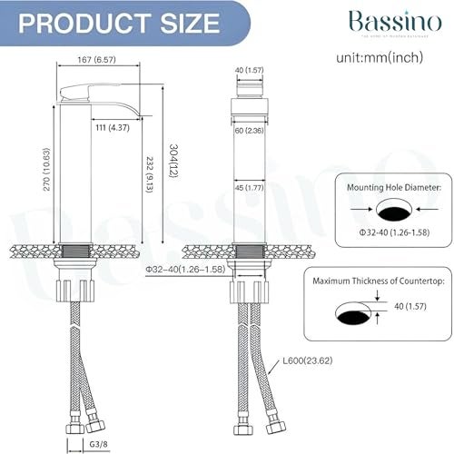 BASSINO 12 Inches Stylish Hot and Cold Water Mixer/Brass Bathroom Faucet with Single Lever/Waterfall Bathroom Basin Faucets/Taps for Bathrooms(Black) - Image 3
