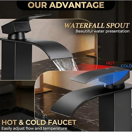 BASSINO 12 Inches Stylish Hot and Cold Water Mixer/Brass Bathroom Faucet with Single Lever/Waterfall Bathroom Basin Faucets/Taps for Bathrooms(Black) - Image 4