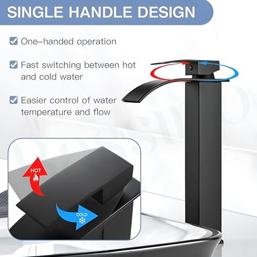 BASSINO 12 Inches Stylish Hot and Cold Water Mixer/Brass Bathroom Faucet with Single Lever/Waterfall Bathroom Basin Faucets/Taps for Bathrooms(Black) - Image 2