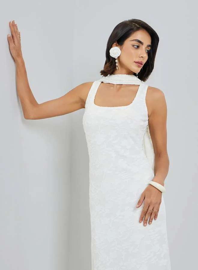 Styli White Self-Design Sleeveless Maxi Dress with Scarf