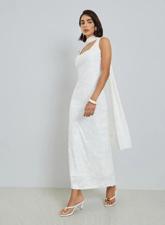 Styli White Self-Design Sleeveless Maxi Dress with Scarf