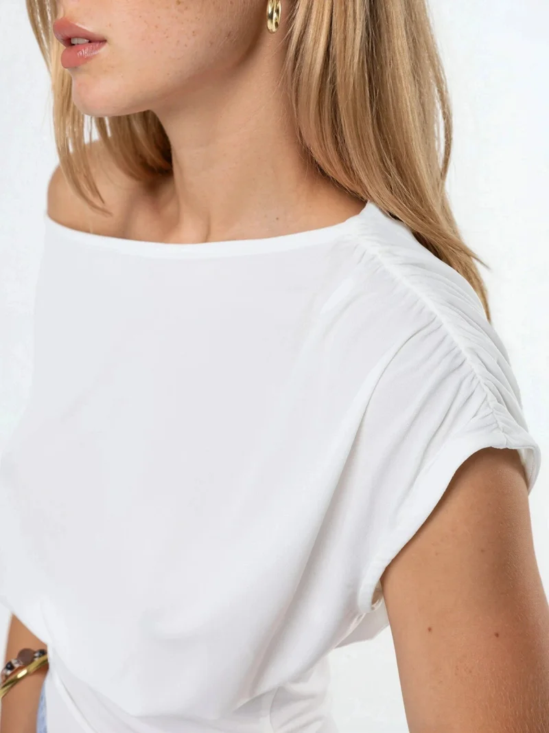 Hiccup Dusty White Asymmetrical Neck Short Sleeve Knit Blouse for Women | Best Price UAE