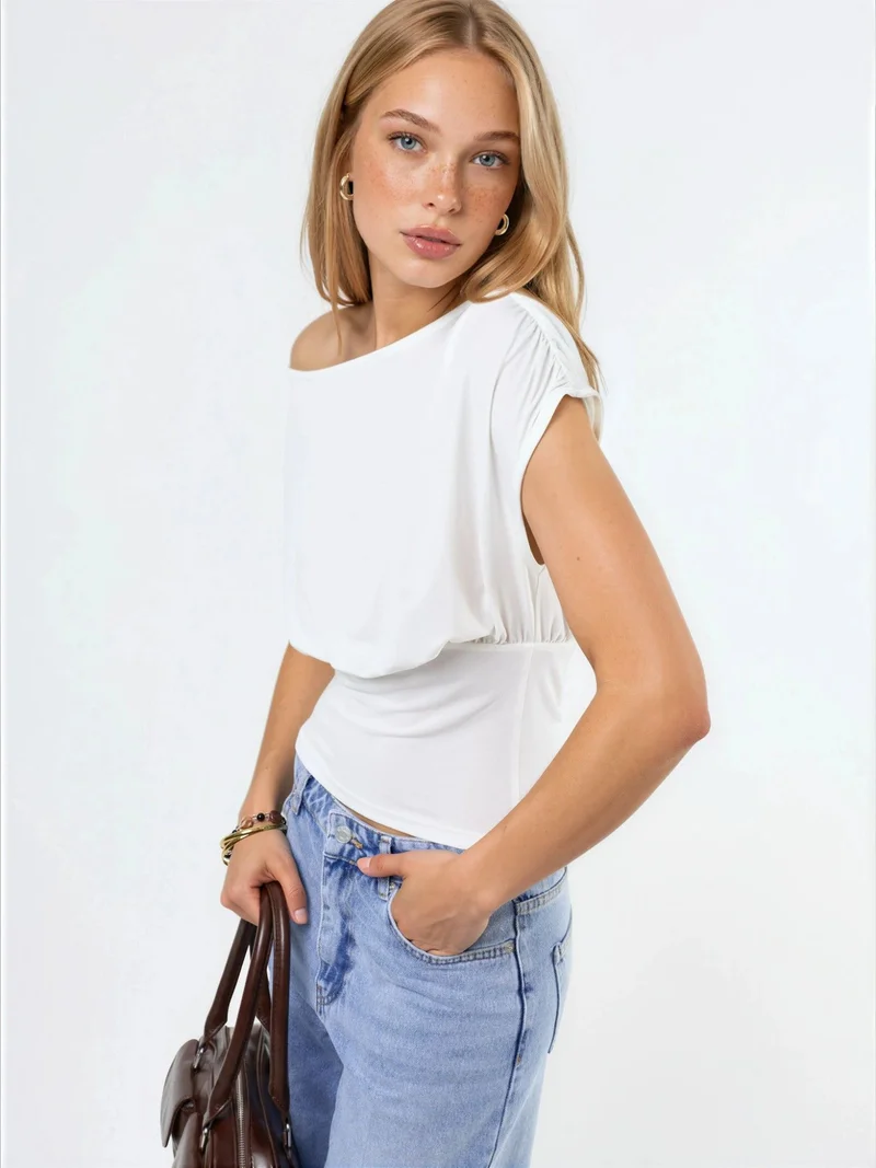 هيكاب Asymmetrical Neck Short Sleeve Knit Blouse