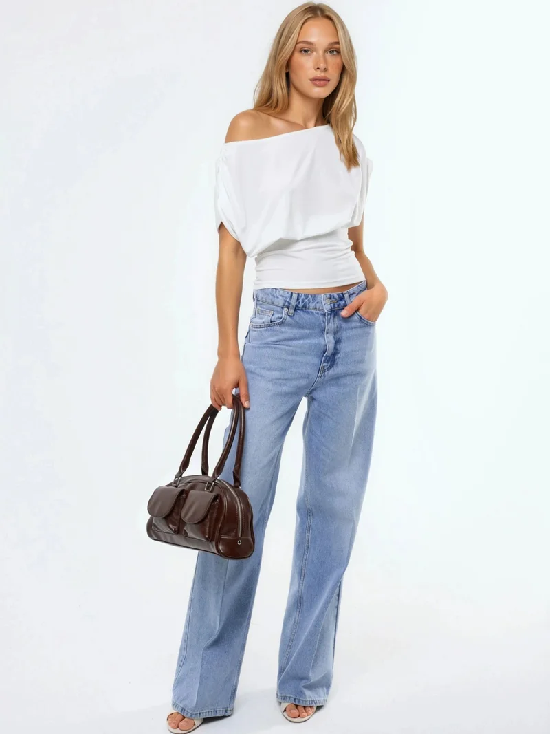 Hiccup Dusty White Asymmetrical Neck Short Sleeve Knit Blouse for Women | Best Price UAE