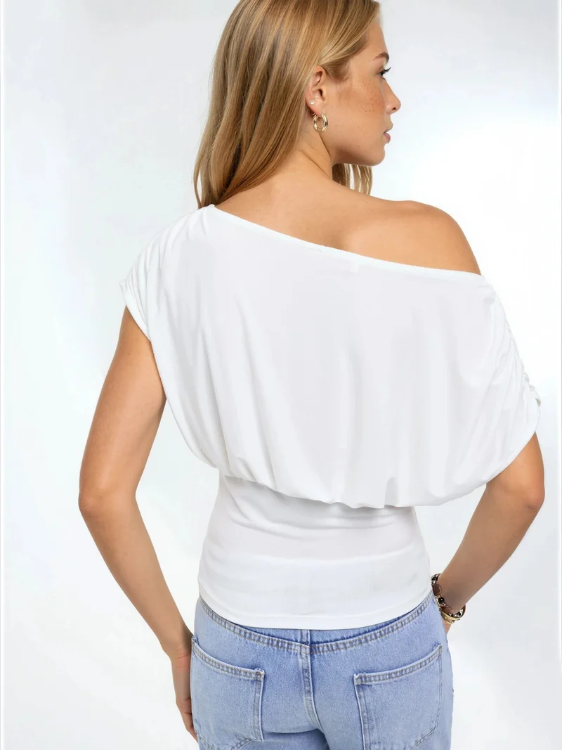 Hiccup Dusty White Asymmetrical Neck Short Sleeve Knit Blouse for Women | Best Price UAE