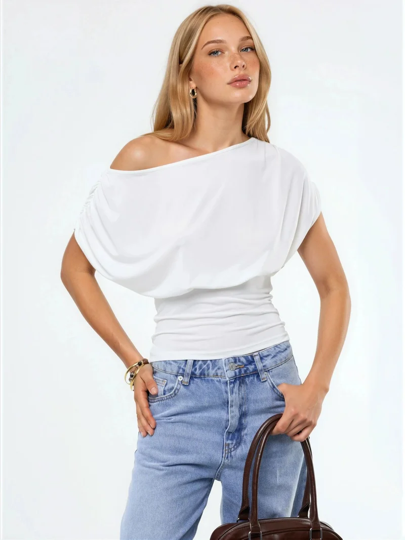 Hiccup Dusty White Asymmetrical Neck Short Sleeve Knit Blouse for Women | Best Price UAE