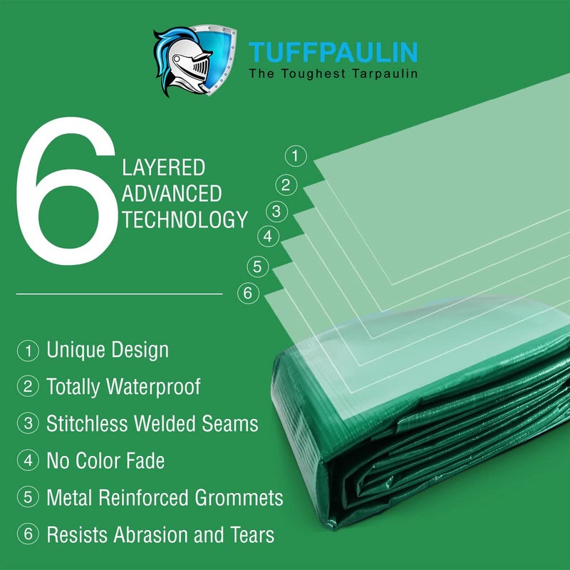 TUFFPAULIN TUFFPAULIN 15FT X 15FT 120 GSM Green Extra Strong Virgin Tarpaulin Tirpal Tadpatri Tharpai Thadika Mulching Sheet UV Resistant Eyelets 100 Waterproof 6 Layer 3D Rib Technology  - Image 3