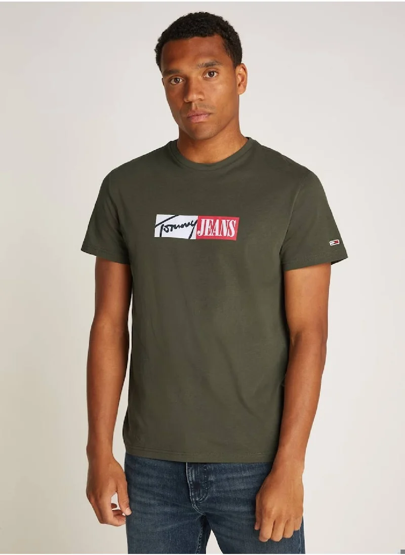 TOMMY JEANS Men's Signature Logo Slim T-Shirt - Cotton, Green